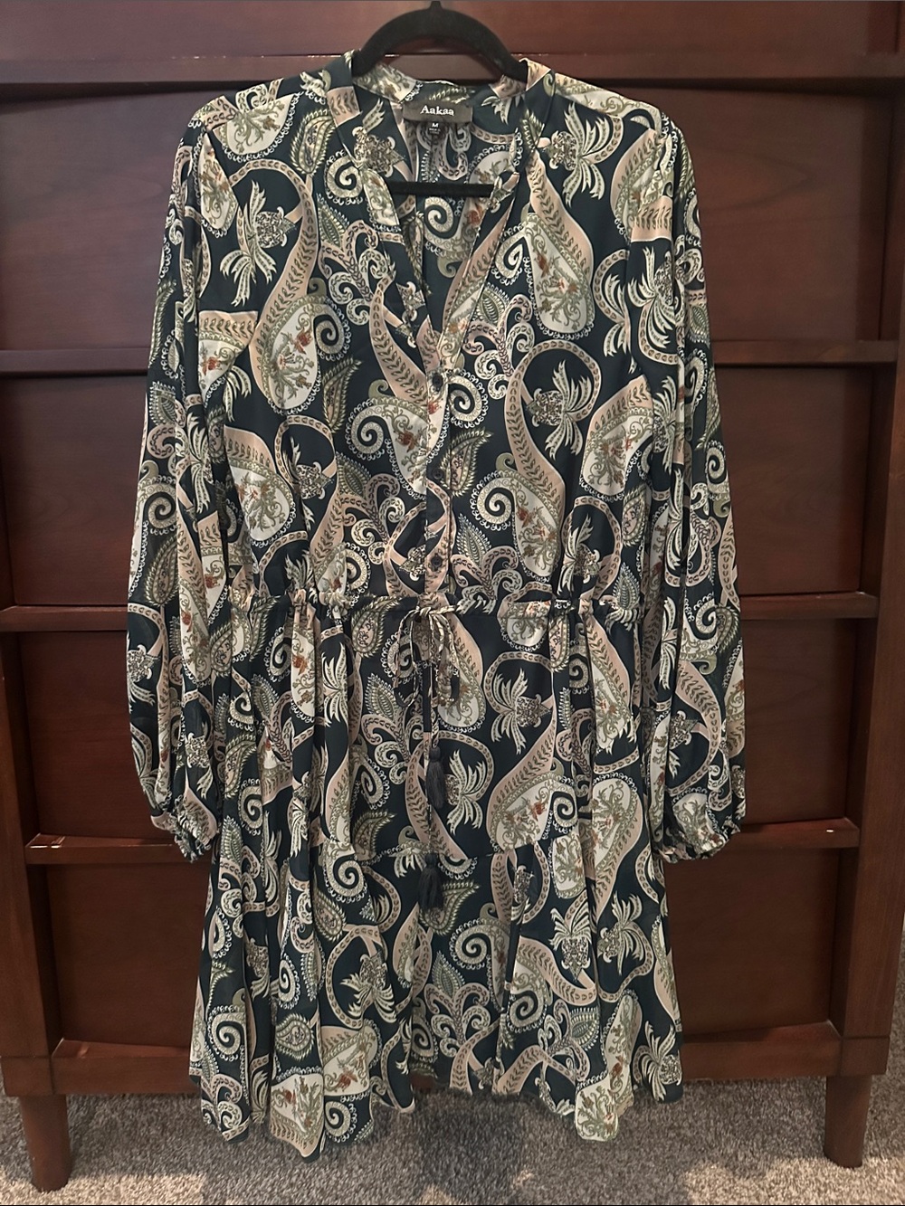 Aakaa Black Paisley Print Long Sleeve Drawstring Waist Dress